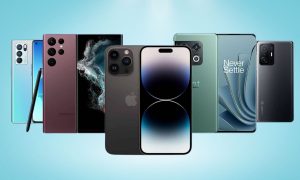 A range of modern smartphones standing upright.