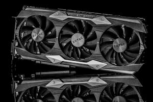 Graphics card with cooling fans and connectors.